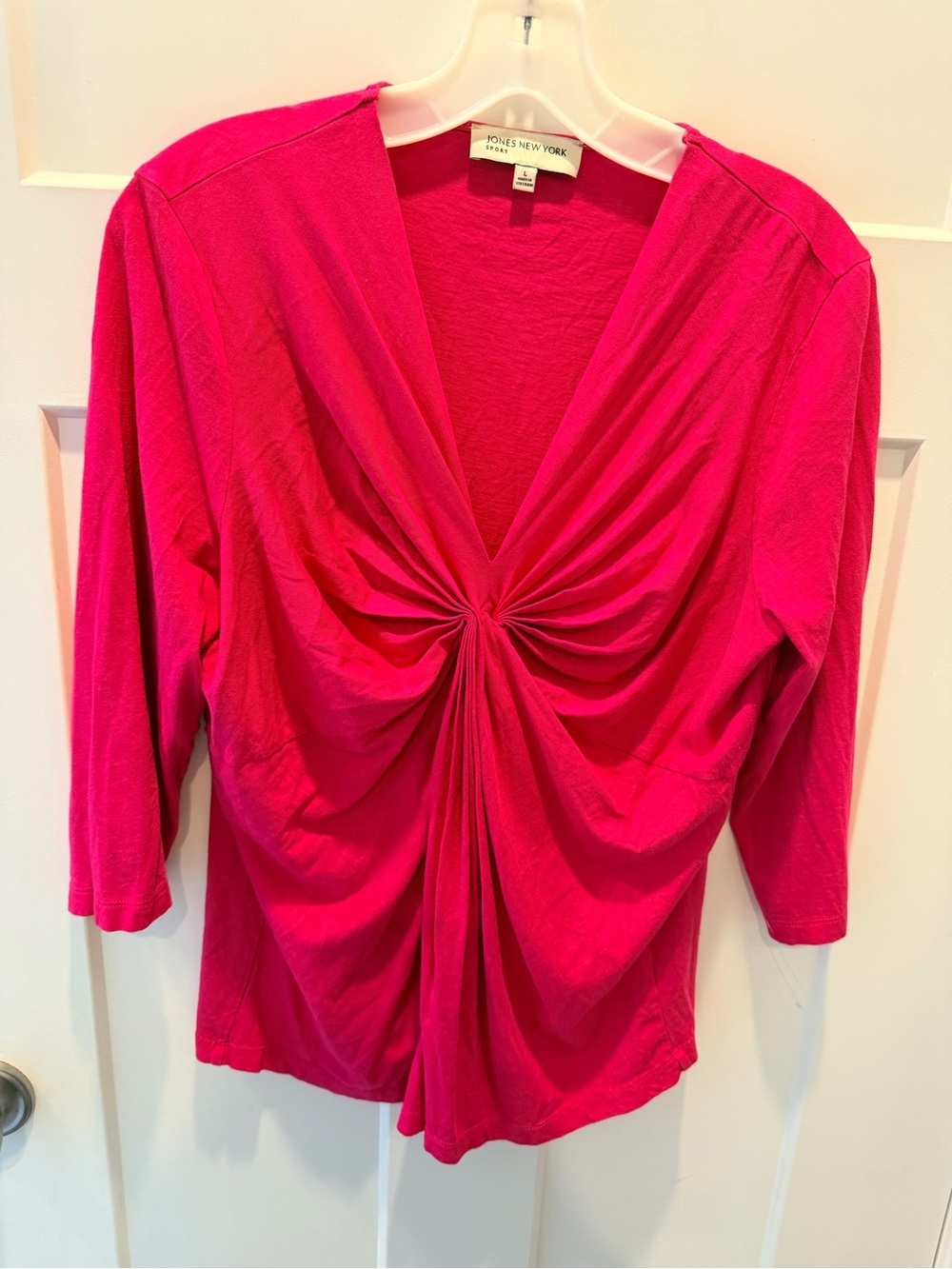 Jones New York Sport L Pink Twist Front Top 3/4 Sleeve V Neck Draped Blouse